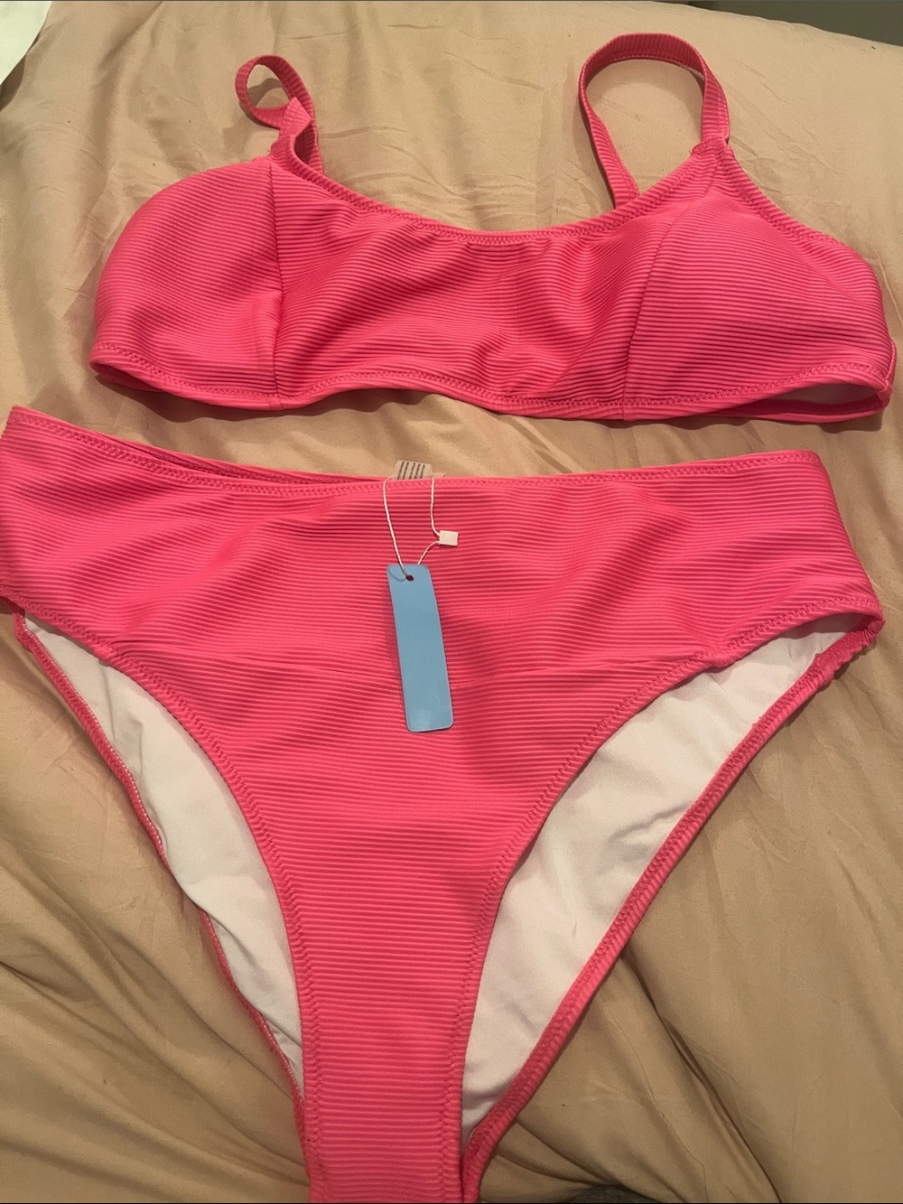 Ribbed High-Waist Bikini Set in Bright Pink